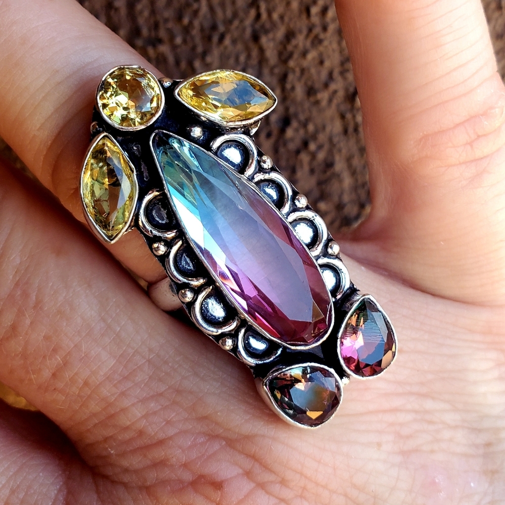 New Bi-Color Tourmaline & Citrine 925 Silver Ring.